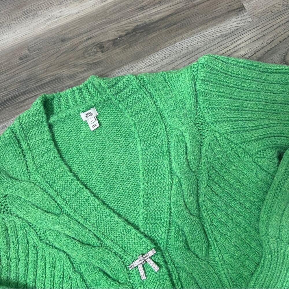 EUC River Island chunky knit boxy cardigan sweater bright green size XS - Picture 3 of 7